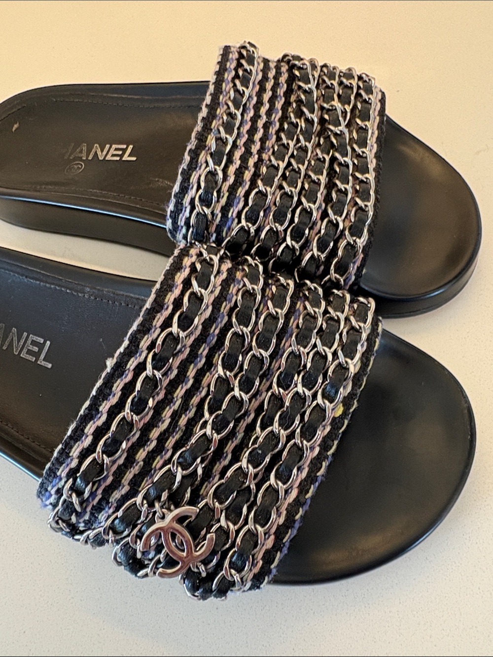 CHANEL Black Chain-Tweed Slide Sandals 37 (size 7) - Picture 7 of 7